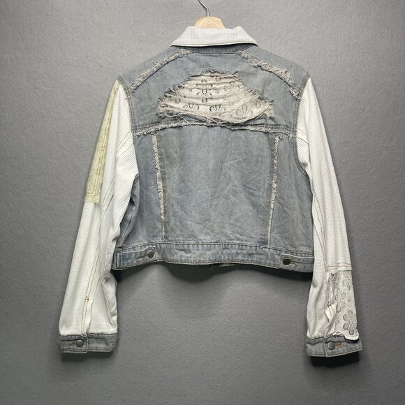Pol Distressed Patchwork Denim Jacket With Lace & Waffle Knit Sleeves S - Picture 7 of 9